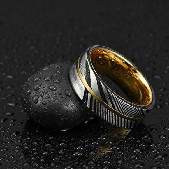 Men Mens Real Damascus Steel Wedding Ring Band 8mm. Silver, Black & 14K Gold Inlay.